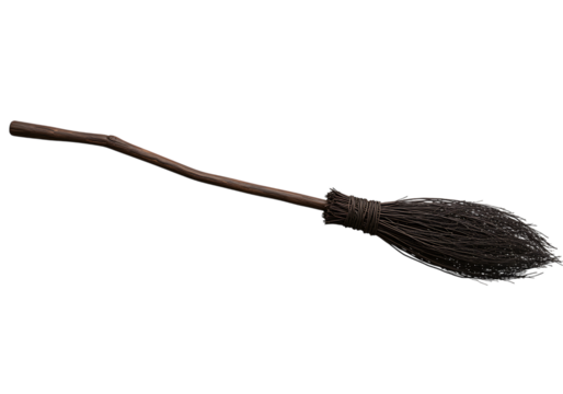 Witch's Broomstick:  Dark Brown Wooden Handle, Black Bristles, Isolated on Black Background isolated on transparent background