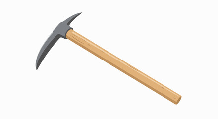 A classic pickaxe with a curved metal head and a long wooden handle, isolated on a plain white background.