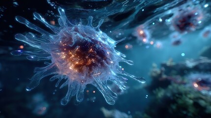 Surreal underwater scene with eerie blue-lit bacteria shapes, representing hidden dangers and threats.