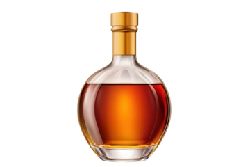 Rich and amber-colored brandy encapsulated in a graceful round bottle with a golden cap against a simple backdrop, perfect for elegant occasions and tasting events