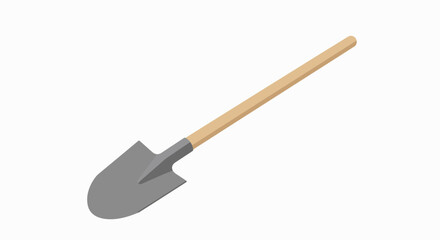 A grey metal shovel with a light brown wooden handle.