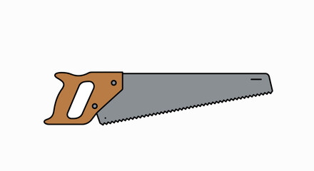 Illustration of a hand saw with a wooden handle and a serrated metal blade on a white background, a common woodworking tool.