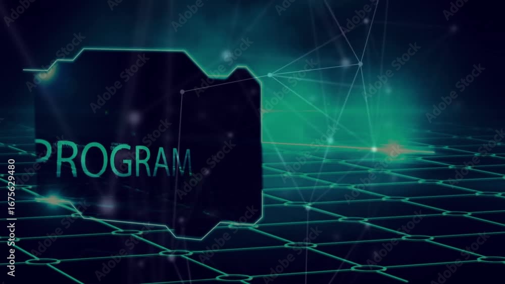 Poster animation of multiple text in digital folder on grid pattern and dots connected with lines