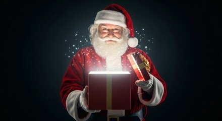santa claus holding a glowing christmas gift box with festive magic