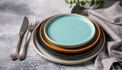 A stack of clean ceramic plates in white, turquoise, and green shades.