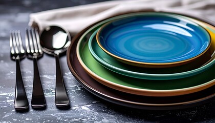 A close-up of ceramic dinner plates in turquoise and brown with cutlery.