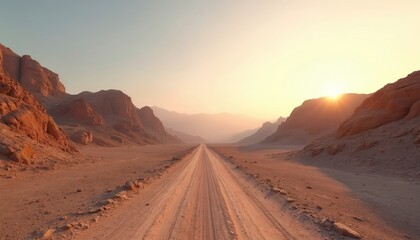 Expansive desert valley panorama at sunset with lone dirt road stretching toward horizon. Towering rock formations flank arid terrain. Warm golden sunlight breaks over distant mountains, creating