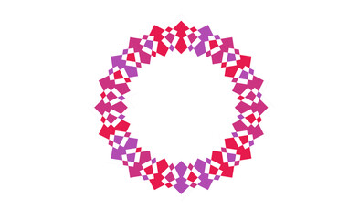 Colorful geometric mandala ring with diamond and square tessellation symmetry, vibrant red and violet ornamental circular design, bold decorative pattern for textiles, yoga, meditation, and wall art