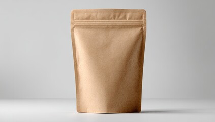 Beige paper pouch, ziplock style, on a light gray surface