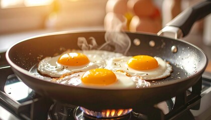 Two sunny-side-up eggs frying in a pan with golden yolks.