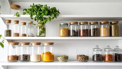 A modern kitchen shelf decorated with jars of spices and fresh green basil.