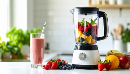 A blender filled with colorful fresh fruits beside a glass of pink smoothie on a kitchen counter.