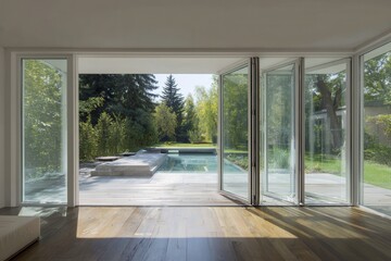 Aluminum folding door opens to a serene view of an outdoor pool and lush garden surrounded by tall trees during daylight hours