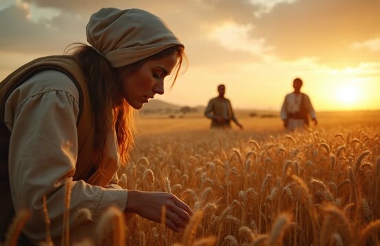Ruth, Boaz gleaning in wheat field at sunset. Soft light illuminates scene, evoking Old Testament themes of faith, honor, providence. Biblical narrative suggests themes of grace, worship, divine
