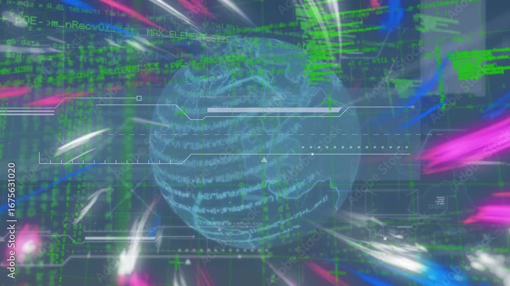 Poster animation of multicolored pattern moving over rotating globe against programming language