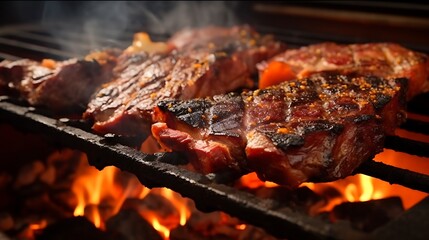 Intense barbecue scene with porterhouse steak on fire-kissed grates, coals emitting heat haze and crispy meat texture vivid, top-down look, full frame,