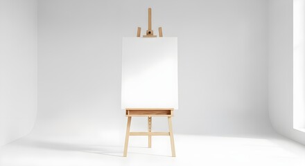 Blank canvas on wooden easel ready for art, design, or presentation in bright studio