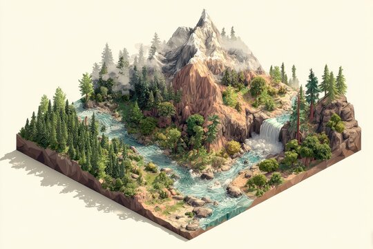 Breathtaking isometric mountain landscape featuring wild terrain, flowing rivers, and a cascading waterfall in a serene natural setting during daylight