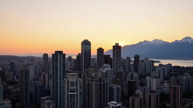 Travel destination. Aerial view of the skyscrapers in Downtown of Vancouver at sunset, Canada