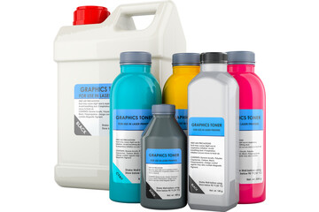 Toner Refill Powder. Colored graphics toner in the bottles for use in laser printers, transparent background
