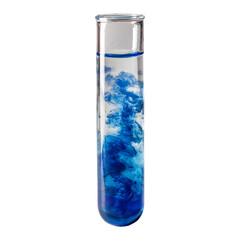 Close up of a laboratory test tube filled with clear liquid and swirling blue ink creating abstract patterns isolated on transparent background