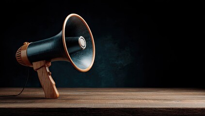 Vintage megaphone on rustic wooden table against dark background