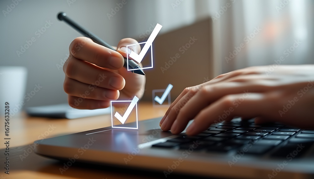 Aufkleber person using stylus to check off tasks on digital checklist on laptop screen checking off to do list