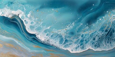 Fototapeta premium Aerial view of abstract ocean wave art with gold glitter accents paint