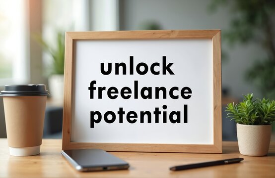 Motivational message on whiteboard invites to unlock freelance potential. Clean layout workspace features coffee cup, smartphone, pen. Modern minimalist office desk with plant, technology elements