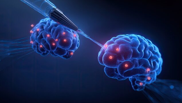 Two glowing brains, connected by a pipette, with glowing dots