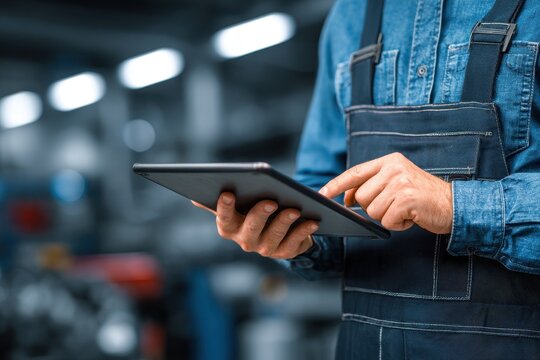 Car service technician checking maintenance schedule on tablet in workshop environment focusing on repair work efficiency and customer service quality - Powered by Adobe