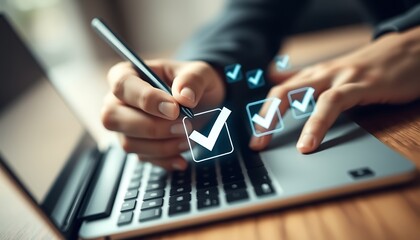 Person marking multiple digital checklist items with checkmarks using a stylus tick task