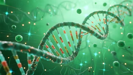 Illustration of DNA Strands in a Green, Illuminated Environment