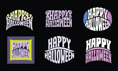 Retro Happy Halloween Typography Collection, Creative Spooky Lettering Graphic Design, Festive Holiday Text Art for Posters & Prints set