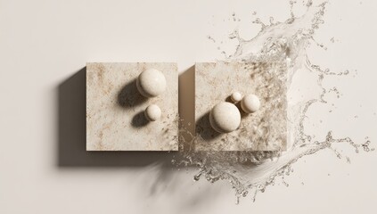 Two light beige square blocks, each supporting several small, off-white spheres.  One block has a water splash exploding outwards above and around it