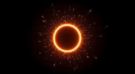 Glowing energy ring with sparks radiating outward on dark background, abstract design