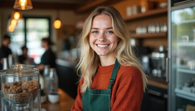 Smiling barista in red sweater, green apron at coffee shop counter. Other baristas work behind glass partition. Friendly woman serves hot drinks in modern cafe. Natural light.