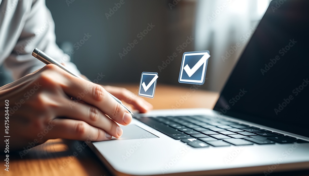 Aufkleber person using stylus on laptop with floating digital checklist and checkmarks tick task