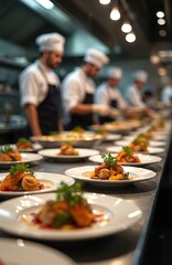 Chefs in uniform prepare gourmet meals in busy restaurant kitchen. Rows of plated food waiting for service. Culinary professionals work with ingredients, sauces, vegetables with focus on precision,
