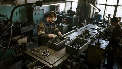 Workers operating machinery in a manufacturing facility, handling small metal components.