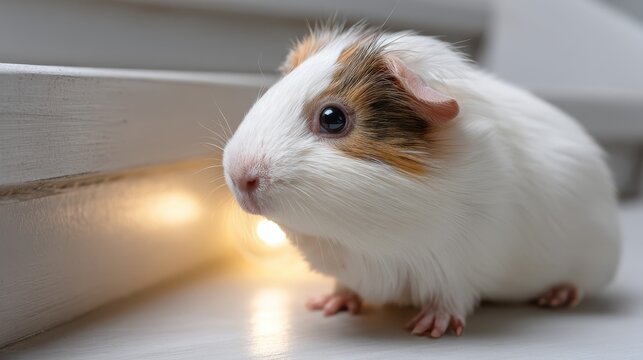 Guinea pig sitting on floor near illuminated staircase - Powered by Adobe