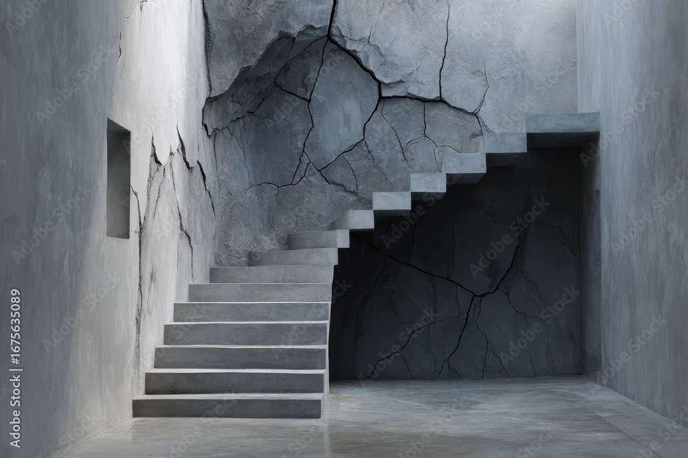 Aufkleber grey geometric staircase leads upward in a minimalist setting with cracked walls creating a sense of