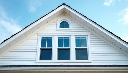 White house gable roof against bright blue sky with sparse clouds. Features multiple windows, clean white siding. Traditional American architecture, sunny daylight, peaceful suburban neighborhood