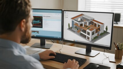 Architect working on a dual-monitor setup, designing a modern house using CAD software.