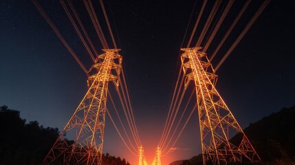 Electricity transmission towers with glowing orange wires under a starry night sky, symbolizing energy.