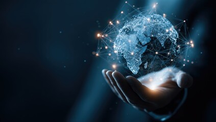 A hand holds a digital representation of the Earth, connected by a network of lines