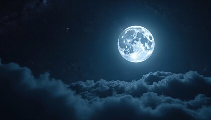 Bright full moon shines over dark cloudy night sky filled with stars. Celestial orb illuminates atmosphere. Deep space scene with glowing natural satellite, vast universe, cosmic background.