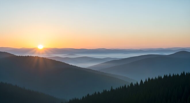 Stunning sunrise over misty mountain range creates serene and beautiful landscape atmosphere for travel - Powered by Adobe