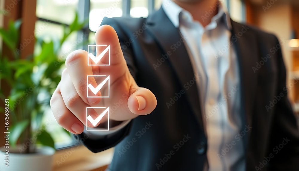 Poster businessman's hand selects multiple glowing checkmarks on a digital checklist finger touching