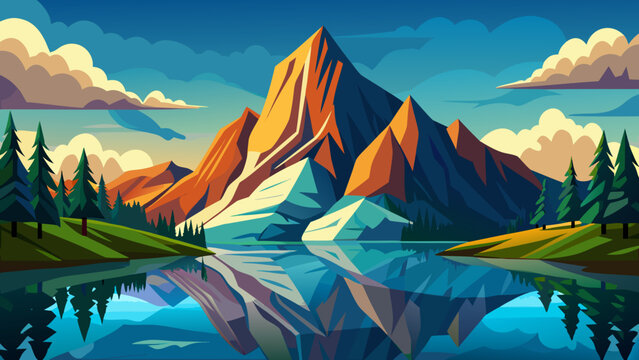Vector art of beautiful mountain lake landscape with reflections of trees and mountains, ideal for nature and travel illustrations